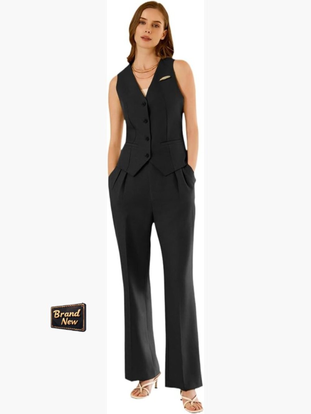 Women's Linen 2 Piece Suit Vest Wide Leg Pants Set Business Casual Office